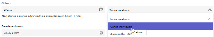 Captura de tela da criação de uma tarefa selecionando Atribuir a: alunos individuais