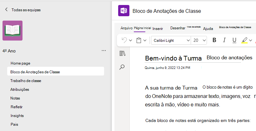 Captura de tela da configuração do bloco de anotações de classe.