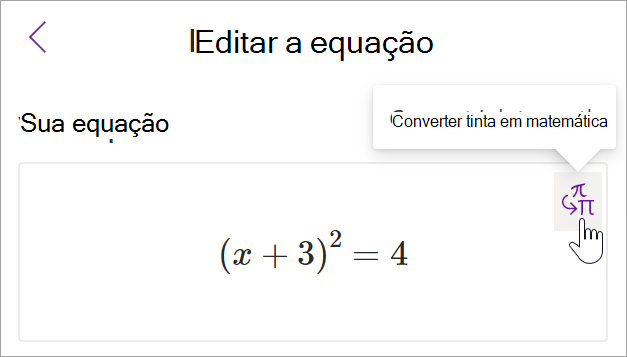 captura de tela do painel assistente matemática no onenote. Um cursor passa o mouse sobre a tinta para o botão de texto.