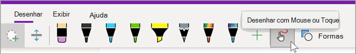 captura de tela da guia de desenho do OneNote para Windows 10 com o mouse pairando sobre o botão Desenhar com Mouse ou Toque