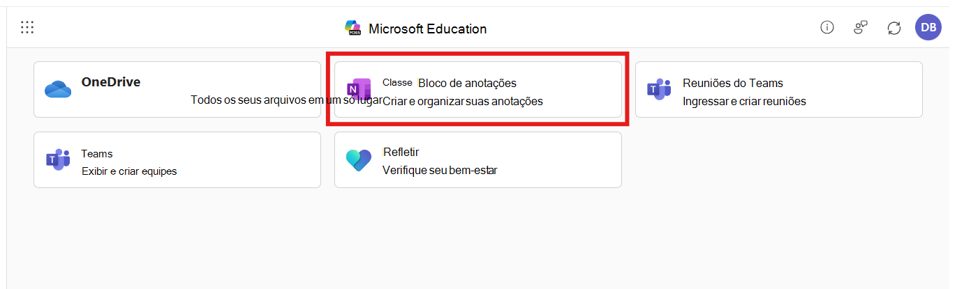 Captura de tela do aplicativo Microsoft 365 LTI com o Bloco de Anotações de Classe selecionado