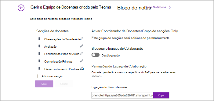 Captura de tela da página de gerenciamento de configurações do Notebook da Equipe no OneNote.