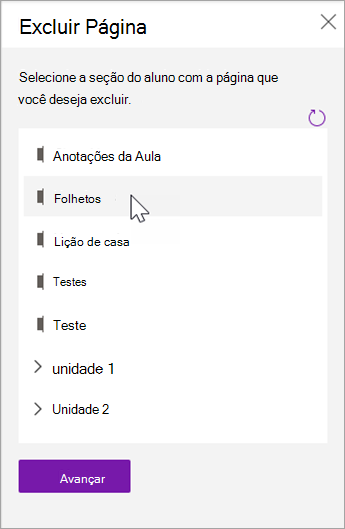 Escolha a seção do aluno com a página que você deseja excluir.