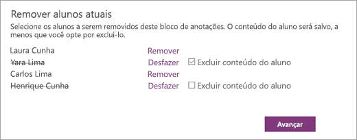 Abra a lista Remover alunos atuais com os nomes dos alunos selecionados. Uma caixa de seleção ao lado de um nome de alunos selecionado diz Excluir conteúdo dos alunos.