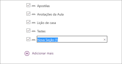 Reveja as secções do bloco de notas no Assistente de Blocos de Notas Escolares, incluindo Folhetos,