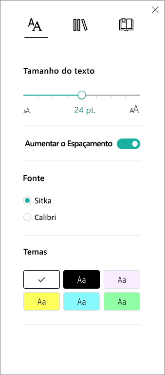 Menu de Opções de Texto no Leitor Imersivo