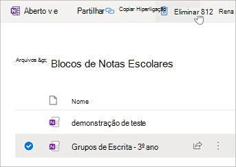 Selecione o Bloco de Anotações de Classe que você gosta de Excluir e selecione Excluir.