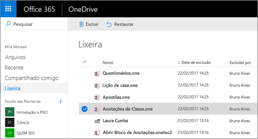 Lixeira do OneDrive com uma lista das páginas do bloco de anotações.