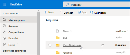 Em Meus arquivos, selecione Blocos de Anotações de Classe.