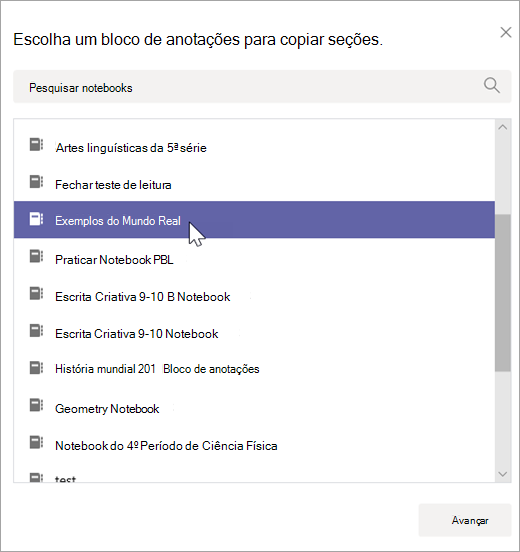 Escolha um bloco de anotações do qual copiar seções.