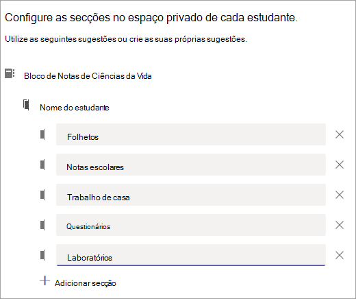 Configure as seções no espaço privado de cada aluno.