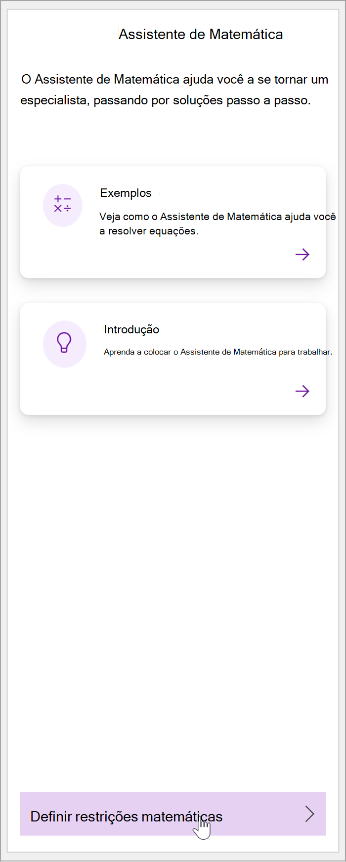 captura de ecrã do painel de matemática no OneNote. Um cursor paira o cursor sobre o botão Definir Restrições matemáticas