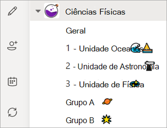 Captura de tela que mostra a lista de canais da equipe de classe.