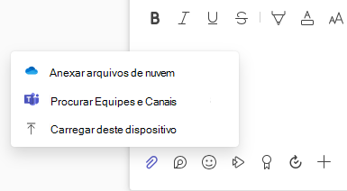 Captura de tela que mostra o menu Anexo de arquivo com opções de upload e arquivo na nuvem.