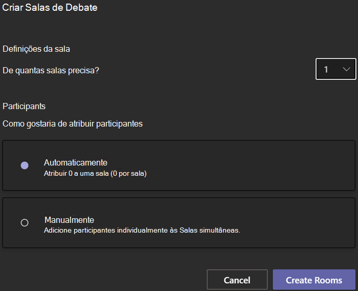 Captura de tela que mostra a caixa de diálogo Criar salas para sessão de grupo com opções para contagem de salas e atribuição de participantes.