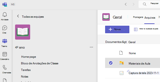 Captura de tela que mostra os materiais de aula.