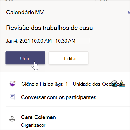 Captura de tela que mostra o card de reunião de revisão de lição de casa com o botão Ingressar.