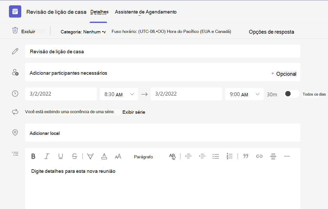 Captura de tela sem detalhes da reunião na versão Web do Teams.
