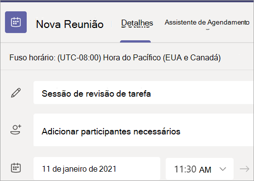 Captura de tela que mostra o novo formulário de reunião no Teams com os campos título, participantes, data e hora.