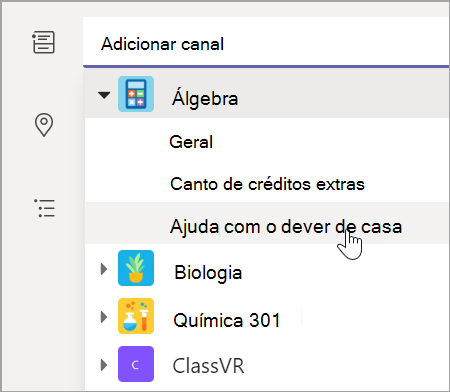 Captura de ecrã que mostra a seleção do canal de equipa para a sua turma.