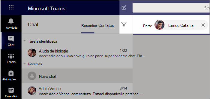Captura de ecrã que mostra Iniciar um novo chat.