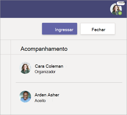 Captura de ecrã que mostra a opção Participar para se juntar à reunião.