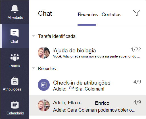 Captura de ecrã que mostra a seleção de Chat a partir da barra da aplicação.