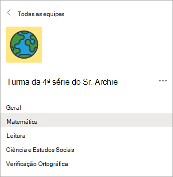 Canais em uma equipe de classe de professores da 4ª série.
