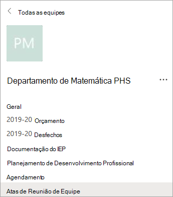 Canais em uma equipe de CLP.