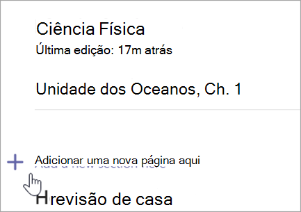 Captura de tela que mostra a página do Bloco de Anotações de Classe com a opção de adicionar uma nova seção.