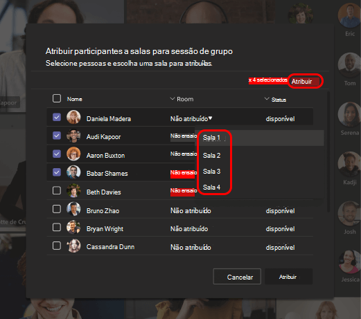 Imagem mostrando como selecionar salas de sessão de grupo para os participantes.