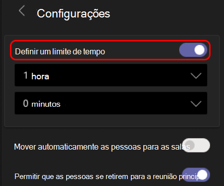A imagem mostra como definir o limite de tempo para salas de sessão de grupo.