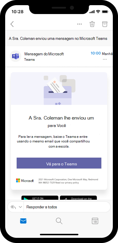 Captura de ecrã de e-mail num dispositivo móvel a convidar encarregados de educação para abrirem a mensagem dos educadores no Teams.