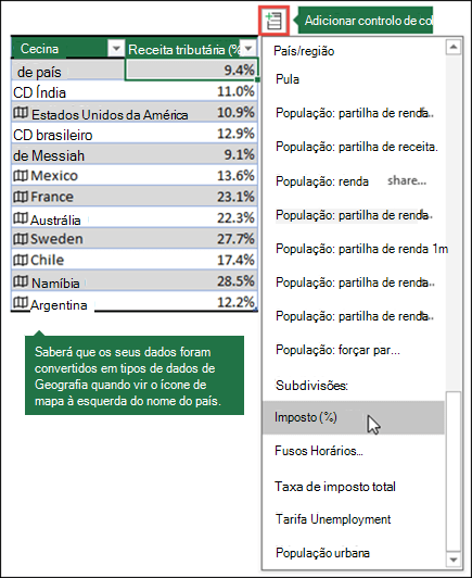 Adicione uma coluna a um tipo de dados geográfico ao selecionar uma propriedade no botão Adicionar Coluna.
