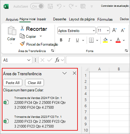 Captura de tela mostrando a Área de Transferência do Excel com clipes.