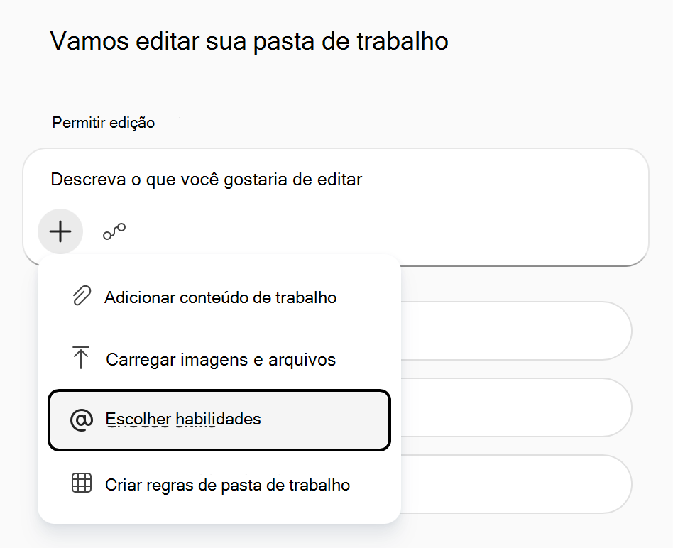 Captura de tela do menu 'Adicionar conteúdo de trabalho' do Copilot no Excel, com 'Escolher habilidades' destacado.