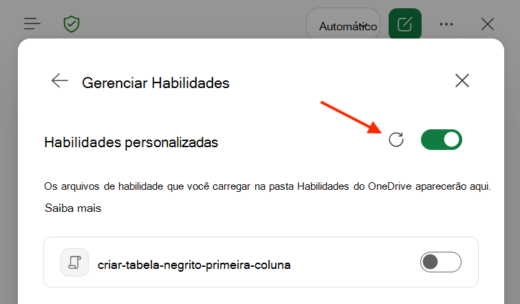 Captura de tela da caixa de diálogo de habilidades personalizadas do Copilot no Excel com o botão Atualizar destacado.