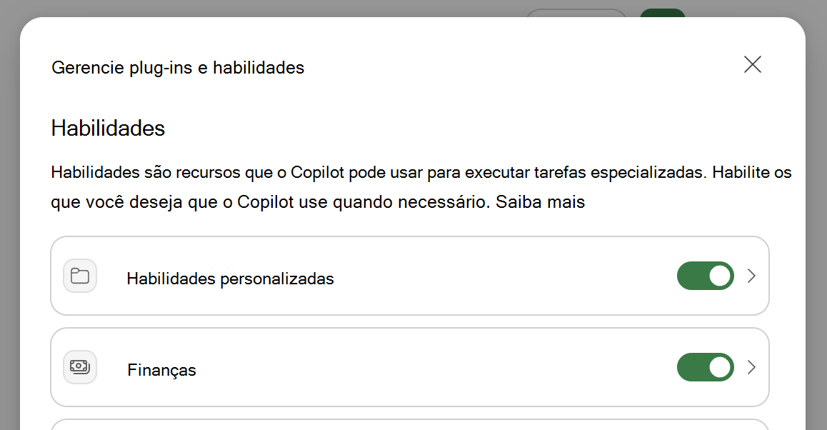 Captura de tela da caixa de diálogo Gerenciar plug-ins & habilidades do Copilot no Excel.