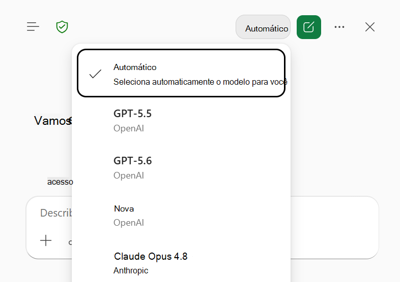 Captura de tela do menu seletor de modelos do Copilot no Excel, com Automático selecionado.