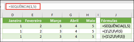 Criar uma constante de matriz horizontal com =SEQUENCE(1,5) ou ={1,2,3,4,5}