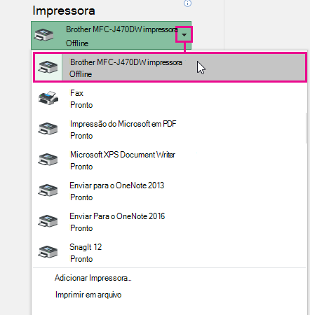 A lista suspensa mostra todas as impressoras disponíveis às quais seu computador pode se conectar. Clique na opção desejada.