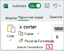 Captura de tela mostrando onde encontrar a caixa de inicializador da Área de Transferência do Excel.