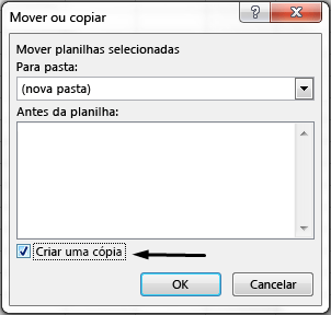 A caixa de marca Criar uma cópia está na parte inferior da caixa de diálogo.