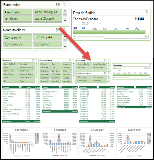 Exibição destacada de Segmentações de Dados e um controle de Linha do Tempo em um dashboard