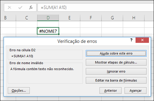 Arraste a caixa Verificação de Erros abaixo da Barra de Fórmulas.