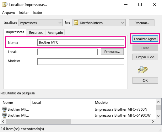 Na caixa Nome, digite o nome da impressora ou deixe-o em branco se você não souber o nome. Em seguida, clique em Localizar Agora.