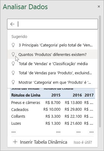A Análise de Dados no Excel fornecerá perguntas sugeridas com base em uma análise dos seus dados.