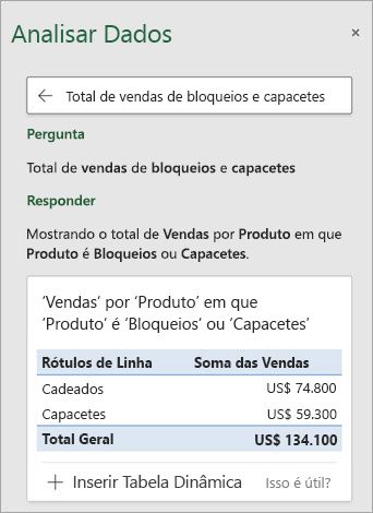 A Análise de Dados no Excel responde a uma pergunta sobre quantos Fechaduras ou Capacetes foram vendidos.