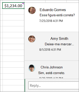 Célula com $1.234,00, e um comentário threaded anexado: Dave Ludwig: Esse valor está correto? Amy Smith: Deixe-me marcar... e assim por diante