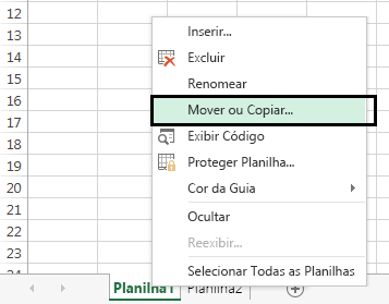 O menu de clique com o botão direito do mouse para a guia
